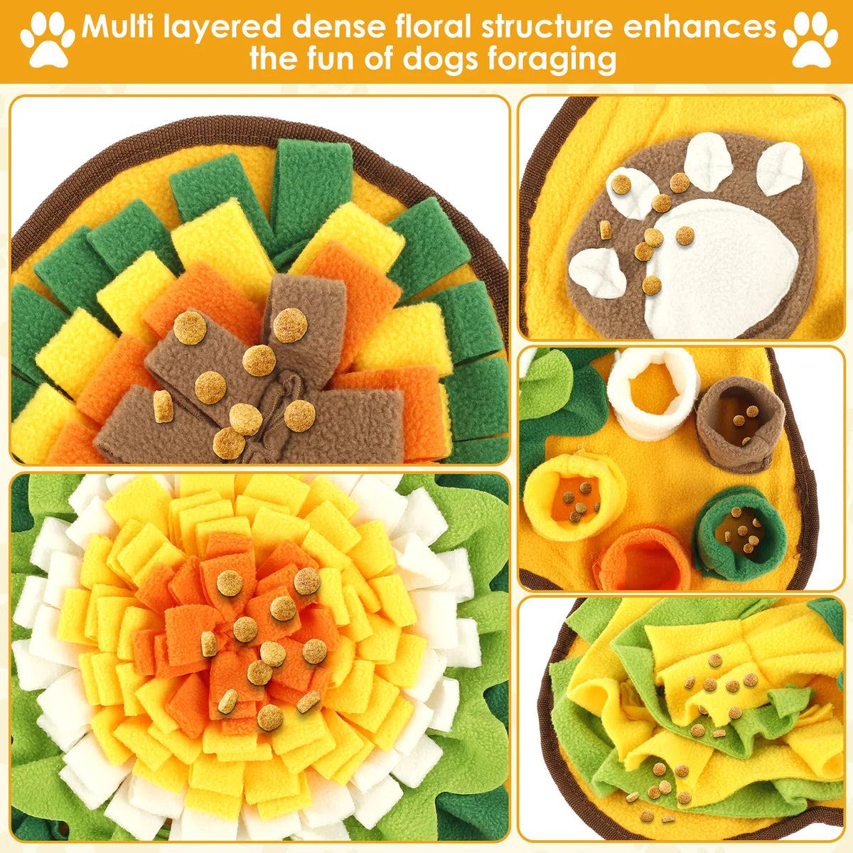 Multi-layered dense floral structure dog snuffle mat for foraging and smell training