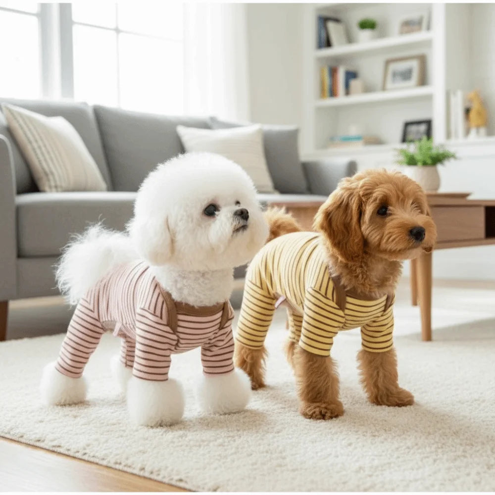 Two fluffy dogs wearing cozy striped pajamas sitting on a light rug indoors