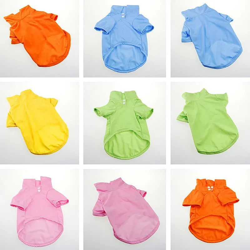A collection of five soft, breathable summer pet polo shirts for small dogs in various colors: orange, blue, lime green, ligh