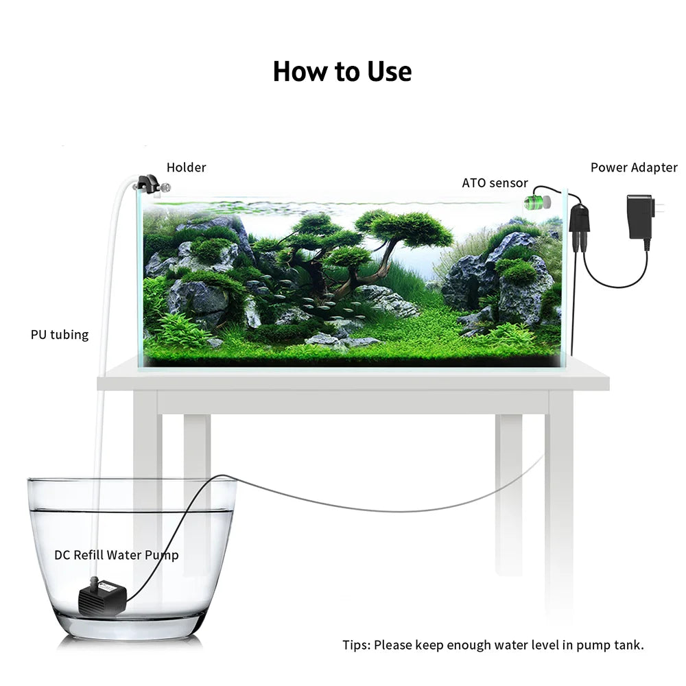 Diagram showing how to use a smart aquarium auto top-off system with a sensor, power adapter, and DC refill water pump.
