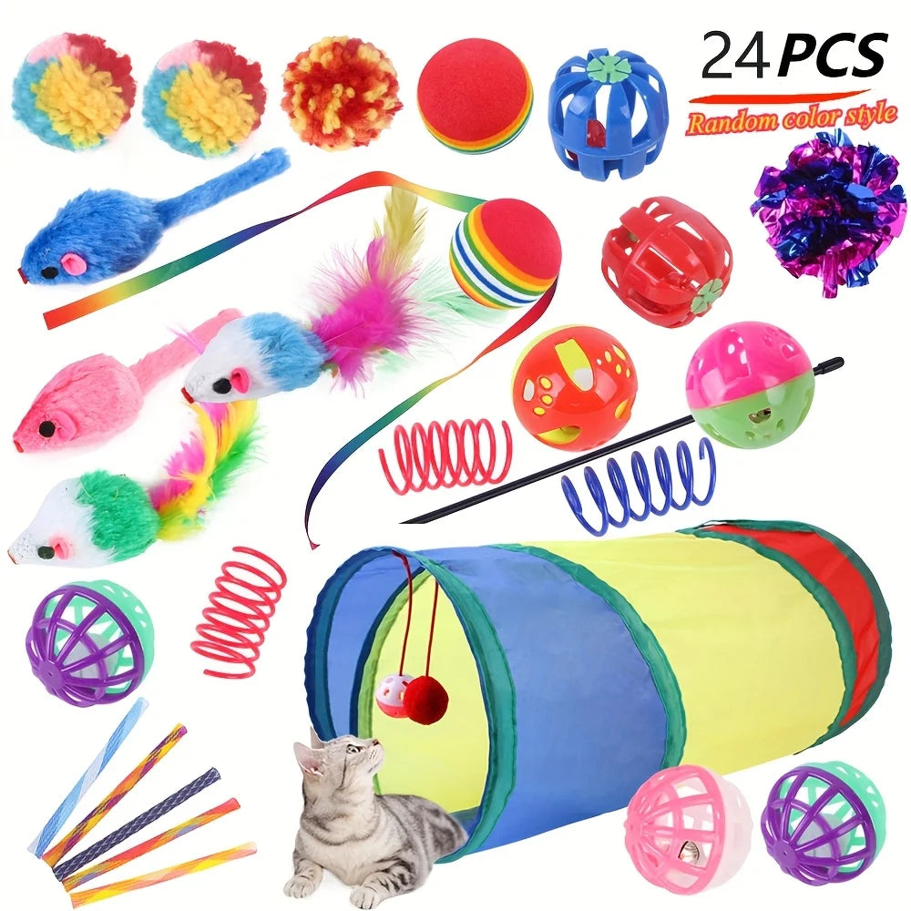 Interactive cat play set featuring a collapsible tunnel, feather teaser wand, crinkle balls, and various colorful toys.
