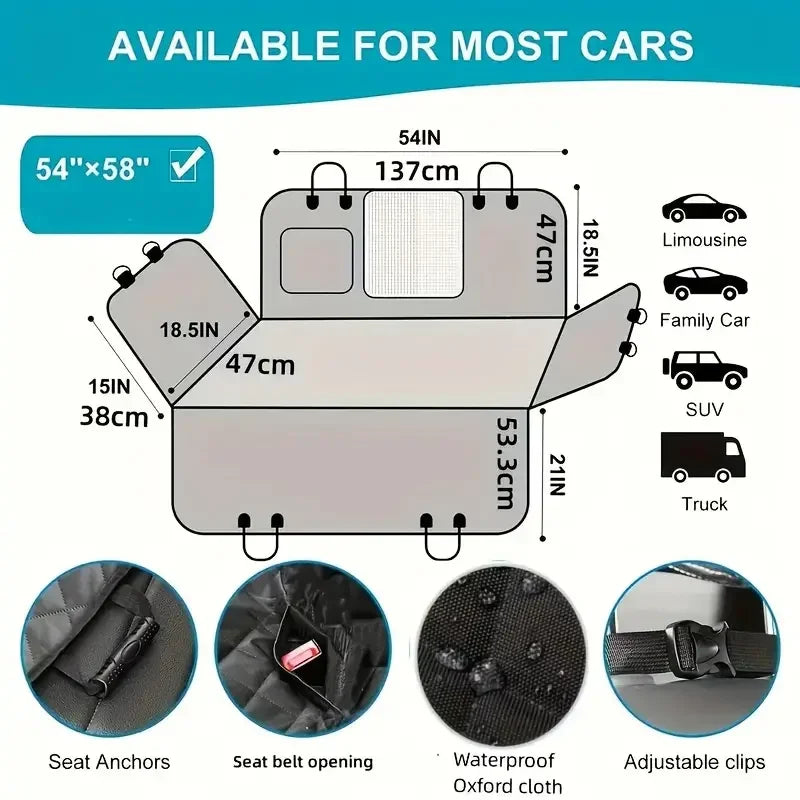 A diagram showing the dimensions and features of a car seat cover hammock for various vehicles.