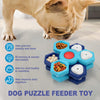 A blue dog puzzle feeder toy with various food pieces is shown next to a light brown dog.