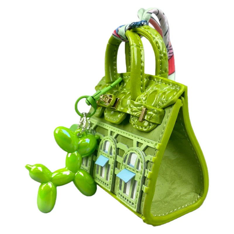 Handcrafted Mini House-Shaped Handbag with Puppy Keychain