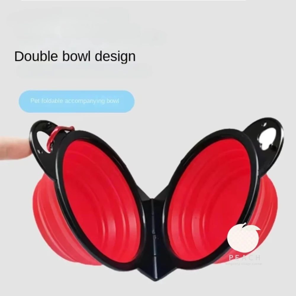 Double bol rouge et noir pour animaux de compagnie, avec le bol d'accompagnement pliable.