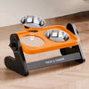 An orange adjustable raised cat bowl with a stainless steel bowl is shown on a black stand.