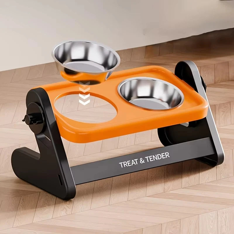 An orange adjustable raised cat bowl with a stainless steel bowl is shown on a black stand.