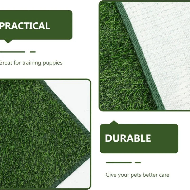 A green artificial grass dog potty mat showing its practical and durable features.