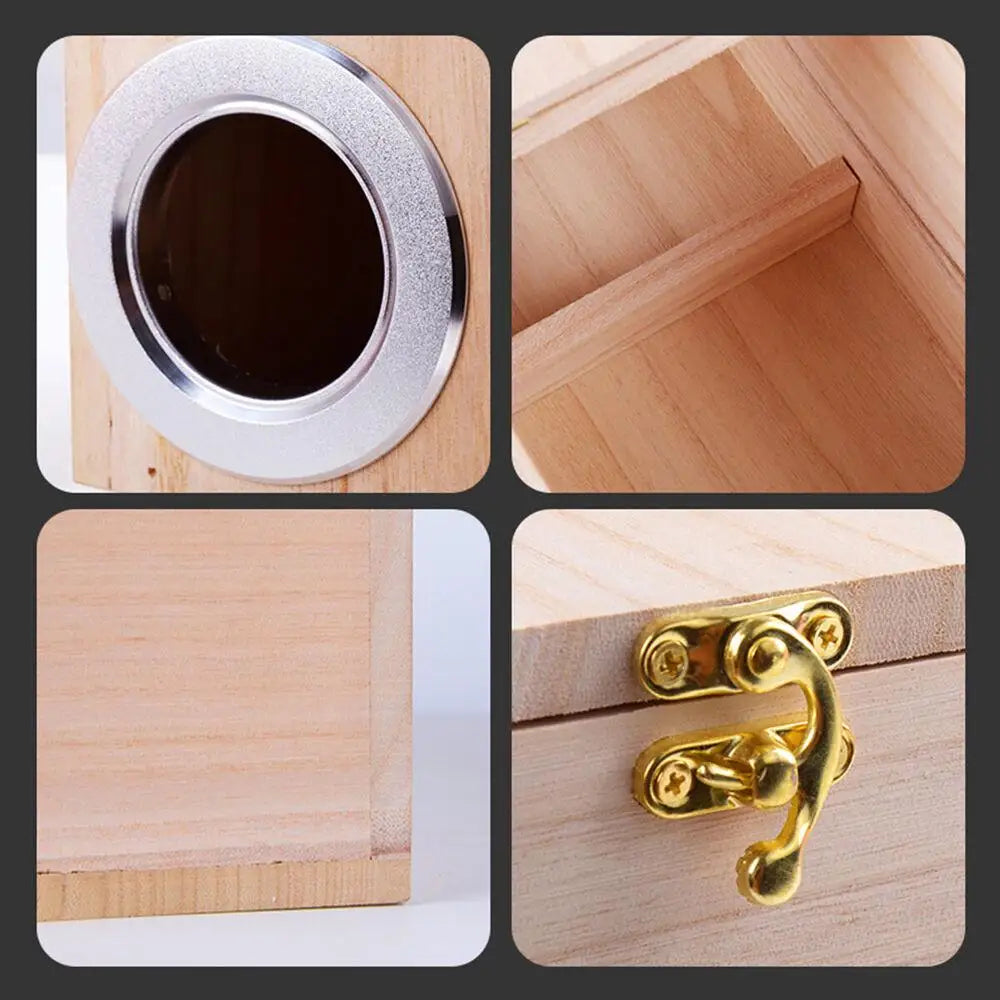 Close-up views of a Paulownia wood budgie nesting box showing the entrance hole and wooden construction.