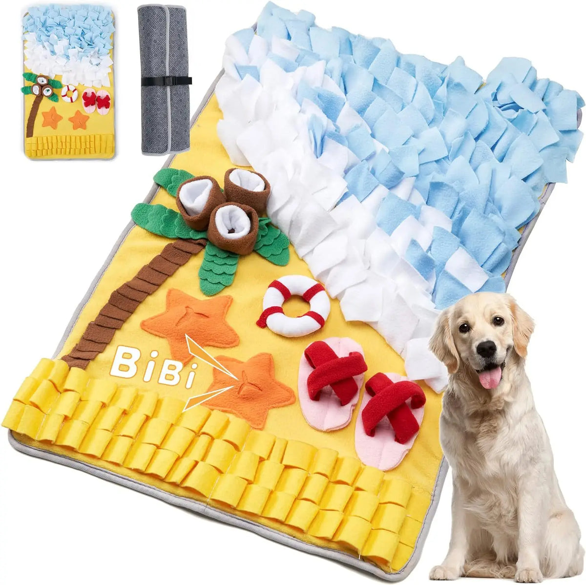 A yellow pet sniffing training blanket featuring various fabric elements like a brush, cloth, and orange star shapes for dog 