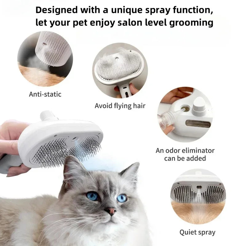 A white steam grooming comb is shown with various features like anti-static function, odor elimination, and quiet spray capab