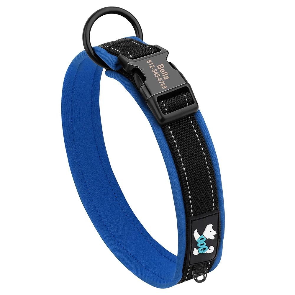 A blue dog collar with a black strap and a silver charm, featuring a personalized engraving.