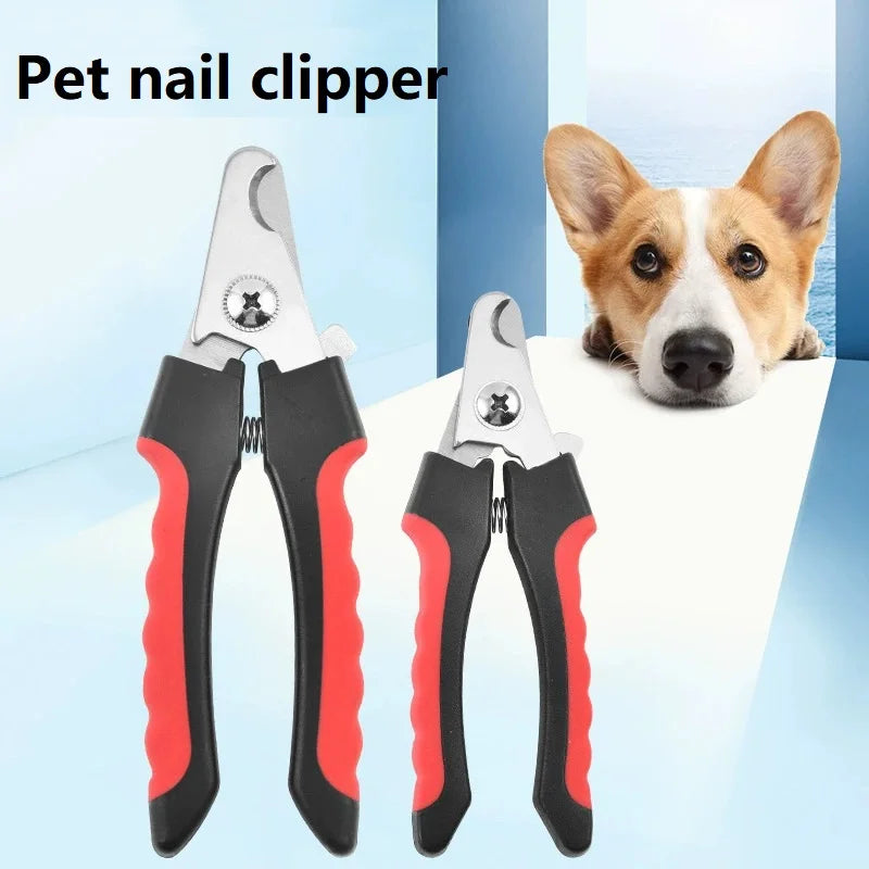 Ein Set schwarzer und roter Nagelschere für Hunde und Katzen neben einem Hund.
