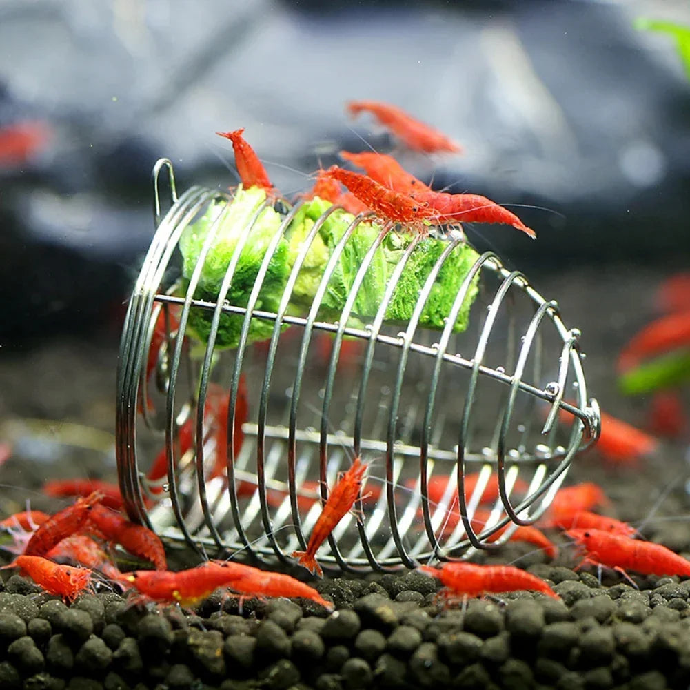 Un plat pour crevettes en acier inoxydable rempli de nourriture verte est montré sur une surface sombre.