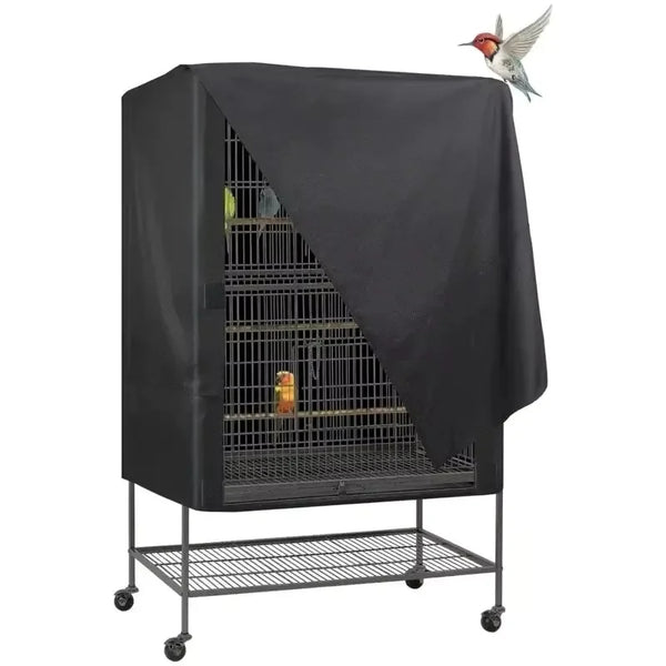 A black Oxford cloth bird cage cover providing dustproof and light-blocking shade for a parrot cage.
