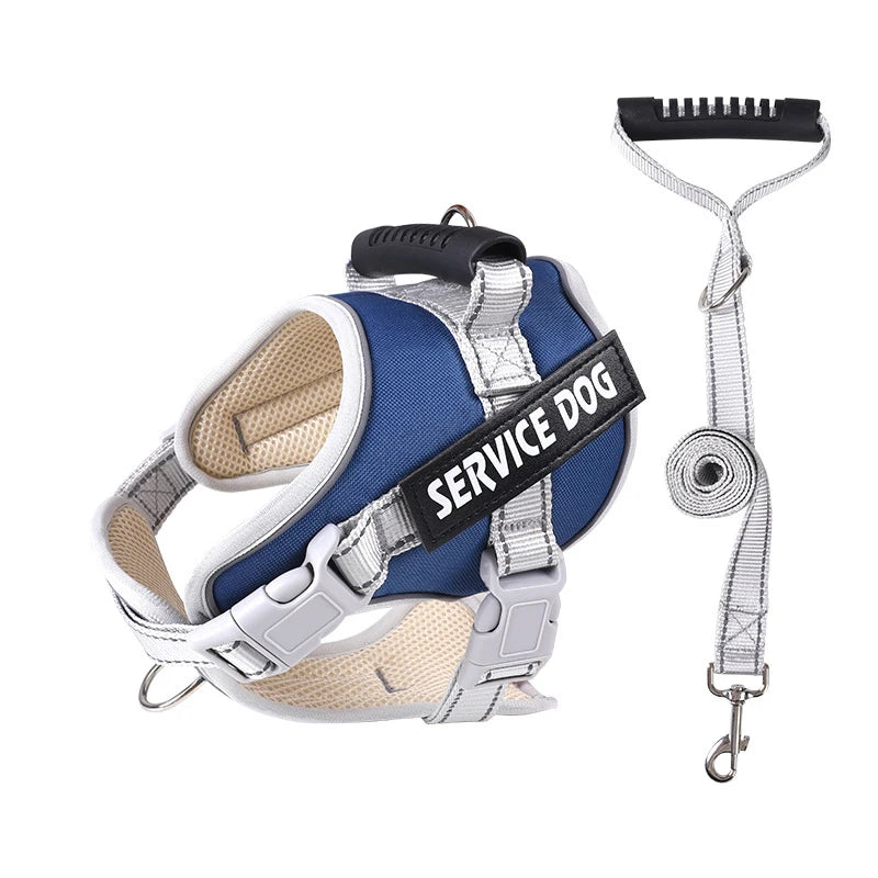 A blue and gray reflective dog harness with a black strap and silver hardware.