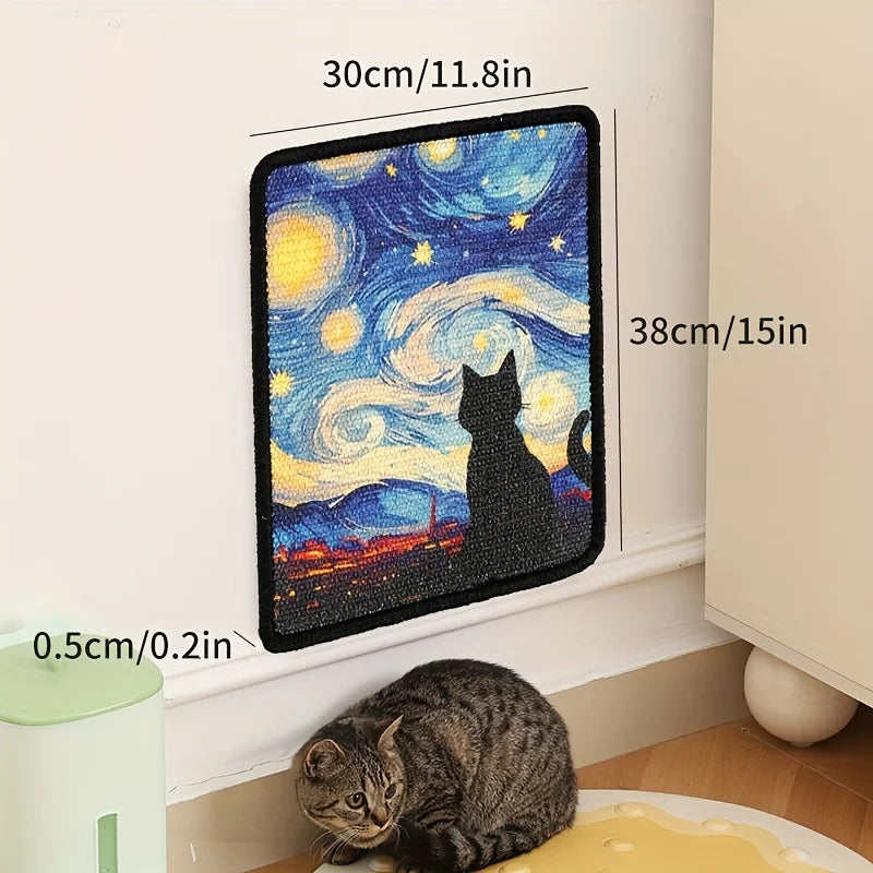 A rectangular black wall-mounted cat scratching post and mat featuring a starry night sky design.