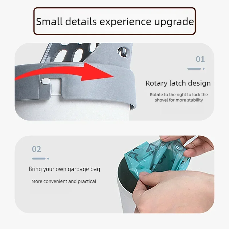 Close-up of a pet waste scoop featuring a rotary latch design and a section for attaching a garbage bag.