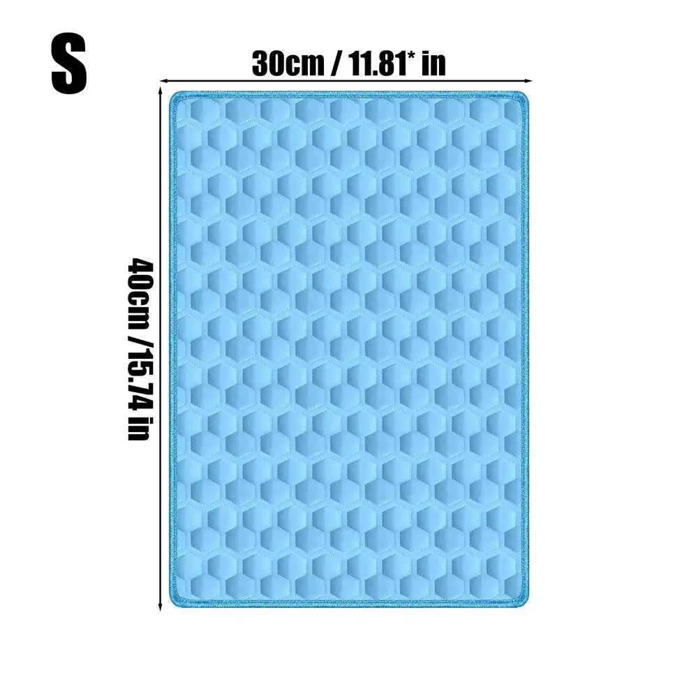 Light blue hexagonal self-cooling dog mat with non-slip base, measuring 30cm by 40cm.