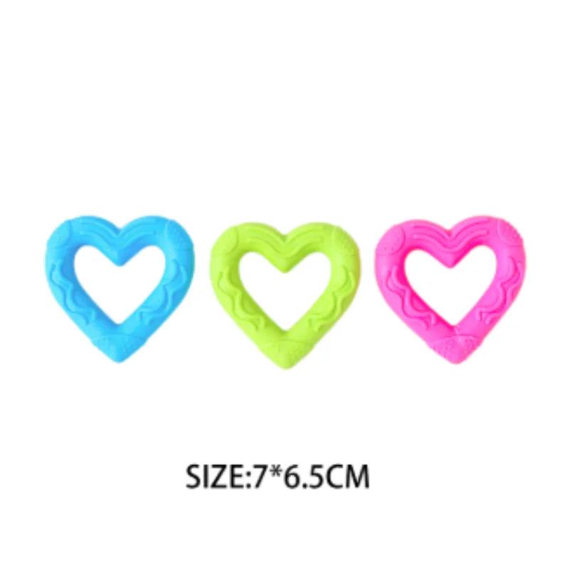 Set of three heart-shaped silicone dog chew toys in blue, lime green, and pink.