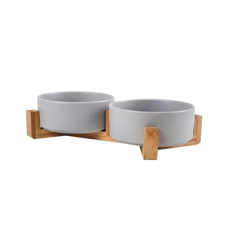 Elevated Ceramic Pet Bowl with Wooden Stand