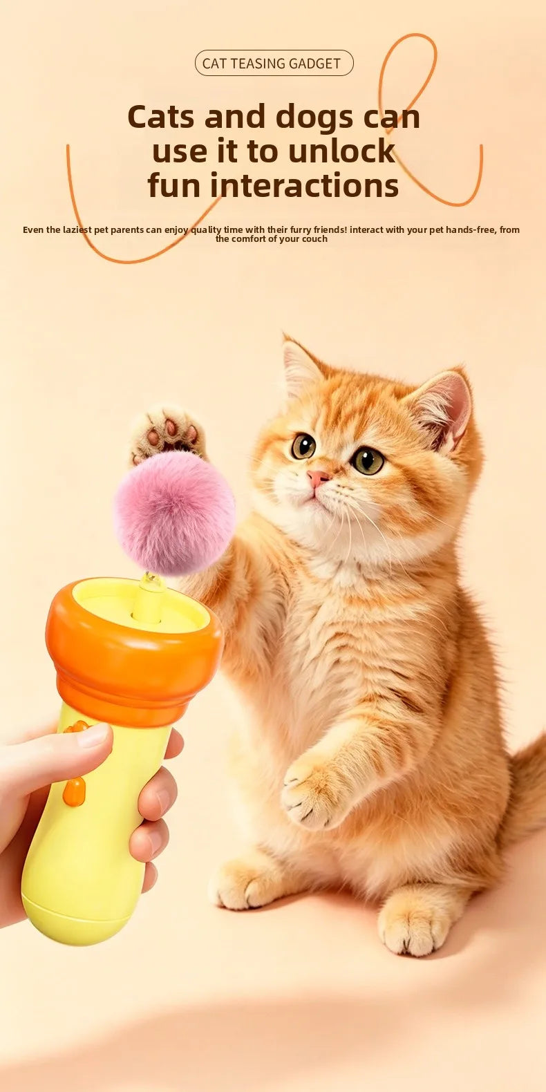 An orange tabby cat interacts with a yellow electric wand toy, demonstrating fun pet interactions.