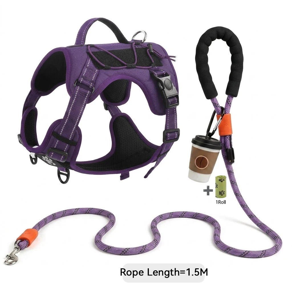 Purple adjustable no-pull tactical dog harness with a black leash and reflective trim