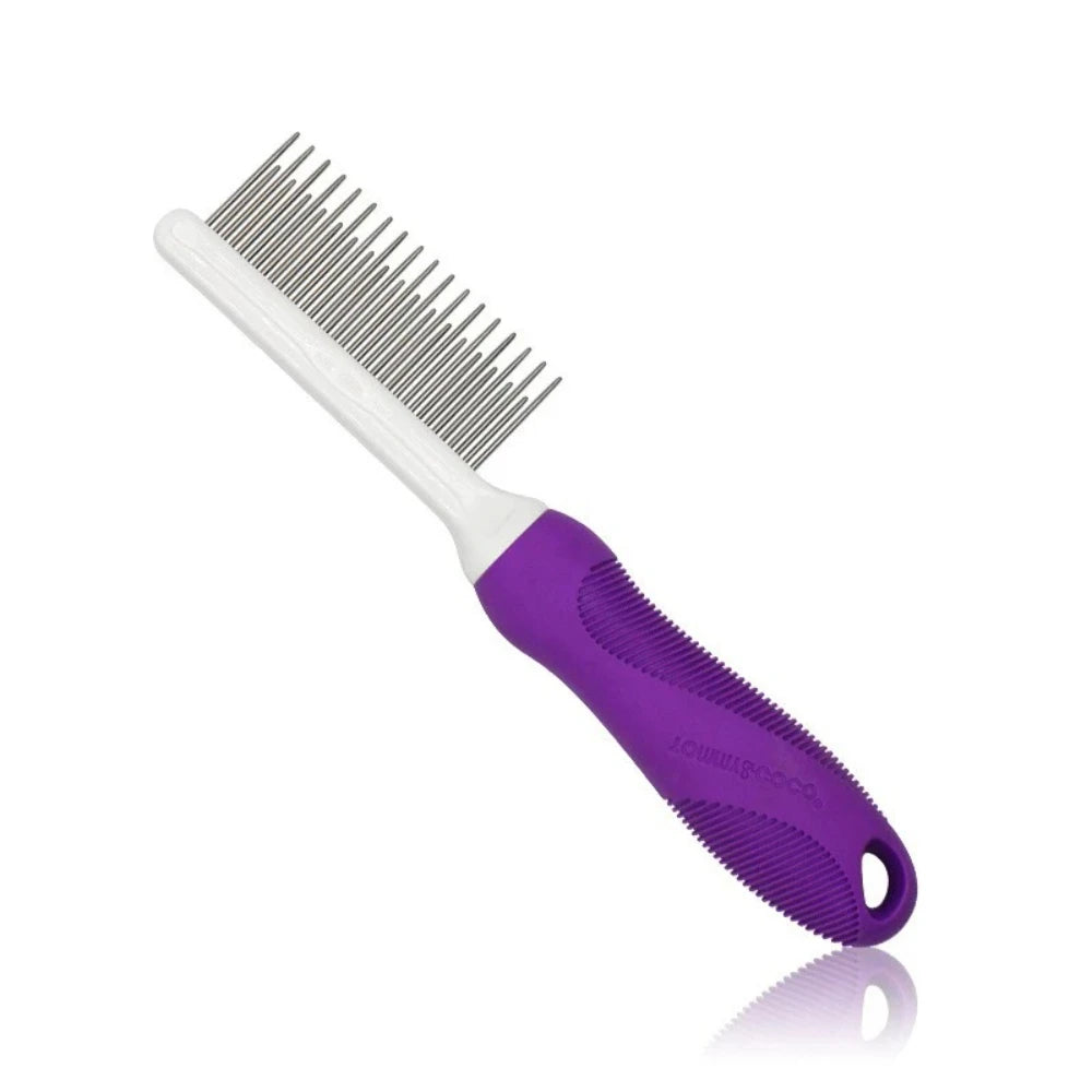A purple dual-sided pet grooming comb with stainless steel teeth shown against a white background.