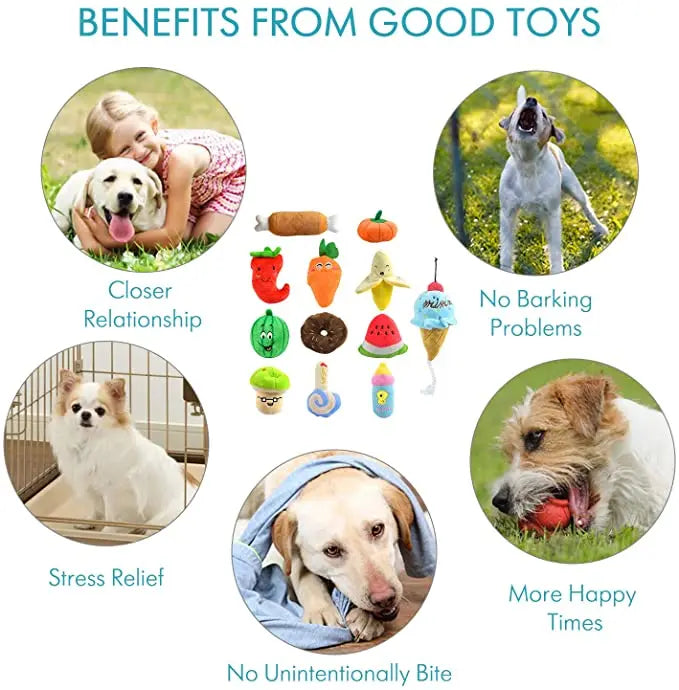 Benefits from good toys showing a dog playing, a cat relaxing, and a puppy receiving a toy.
