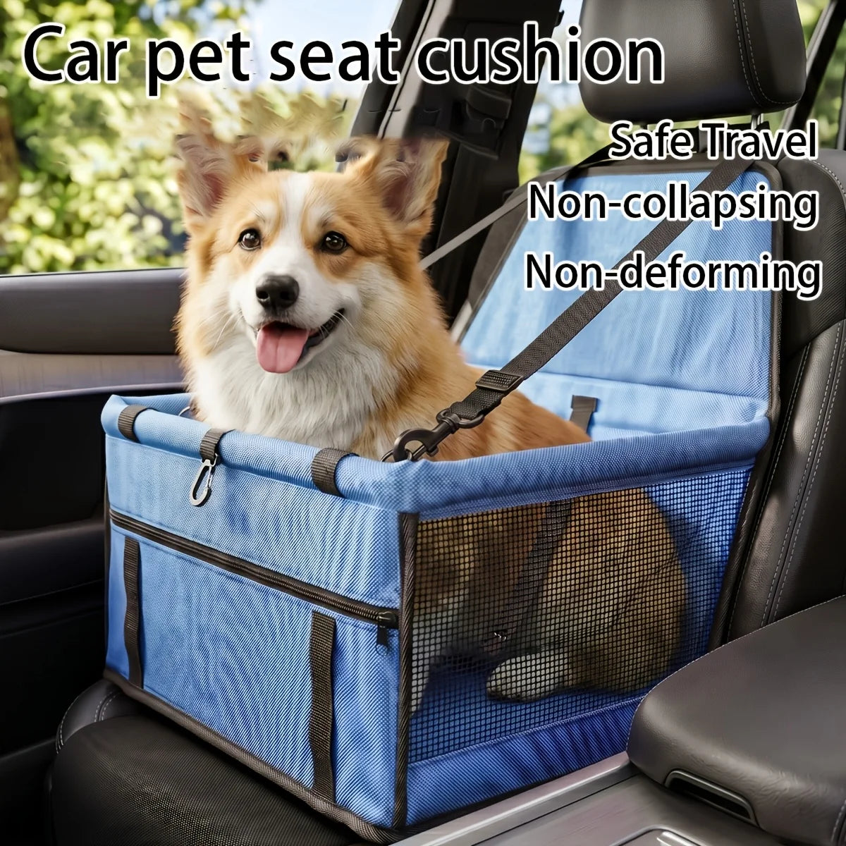 A dog is sitting in a blue seat cushion carrier designed for safe travel.