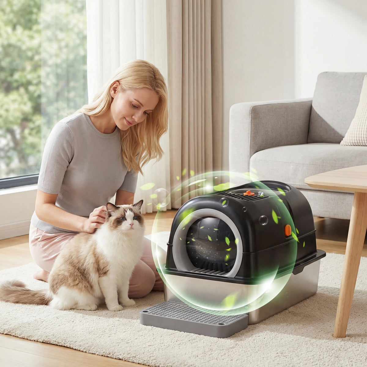 A woman is interacting with a stainless steel large cat litter box, which is glowing green, on a light-colored rug.