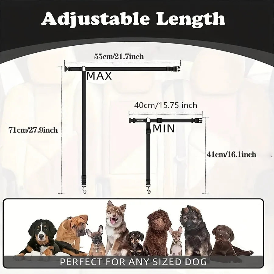 Diagram showing the adjustable length of a pet car seat belt and headrest restraint for various sized dogs.