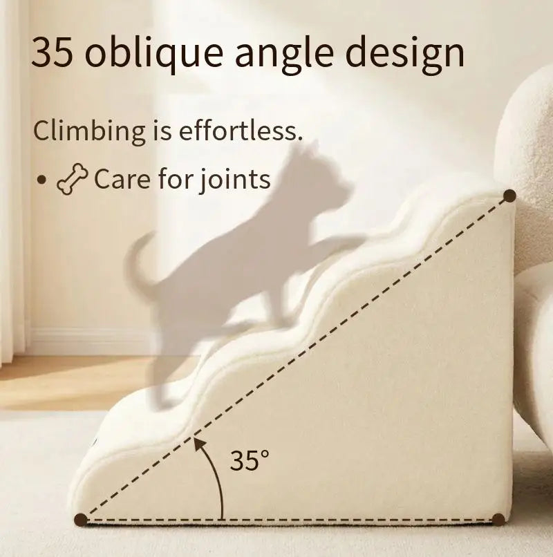 A beige pet safety ladder with a 35-degree oblique angle is shown casting a shadow on a light-colored floor.