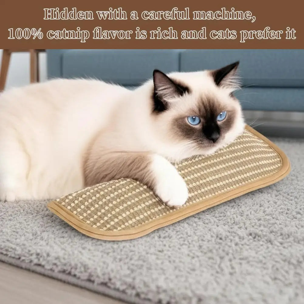 A white cat is lying on a beige sisal scratching pad indoors.