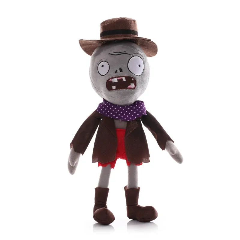 A plush toy of the Plants vs. Zombies Gargantuar with a brown hat and purple polka-dot shirt.