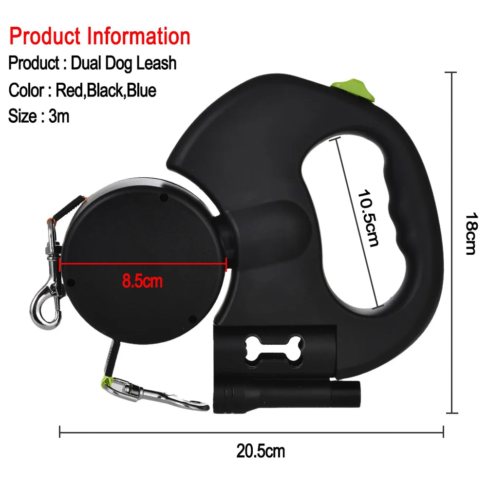 A black dual dog leash with a reflective nylon component and a swivel design shown from the side.