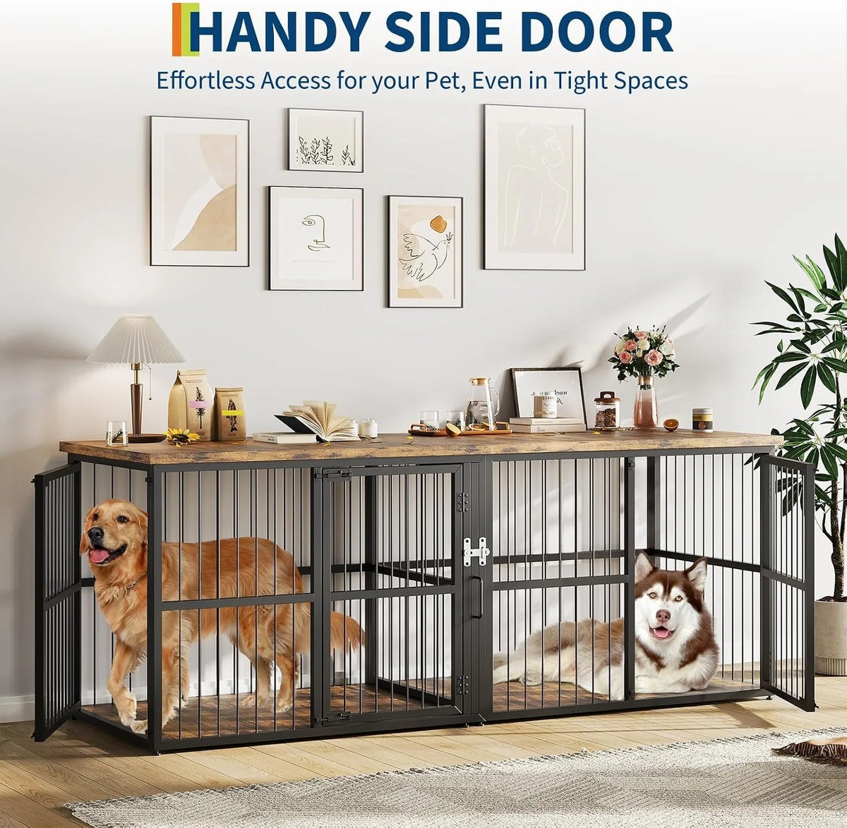 Extra Large Wooden Double Dog Crate with Divider and 3 Doors