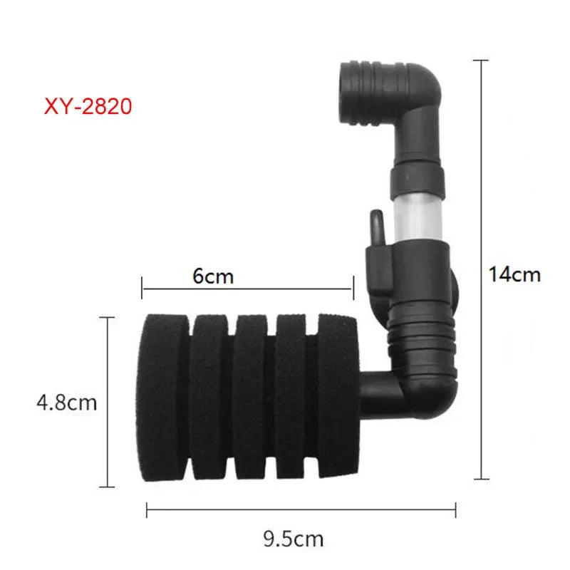 Black aquarium biochemical sponge filter with a threaded outlet and cylindrical body.