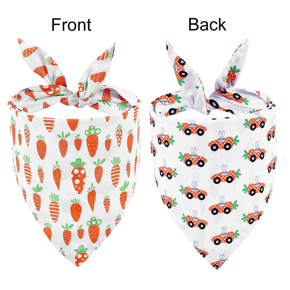 Front and back views of an Easter reversible dog bandana featuring bunny and egg prints on a white background