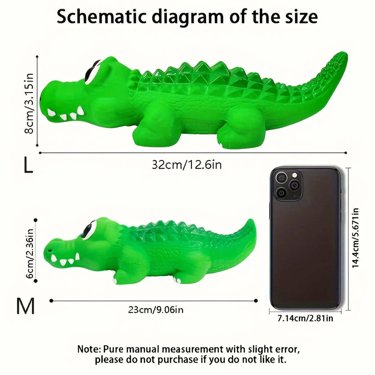 Schematic diagram showing the size difference between a large crocodile-shaped toy and a medium one.