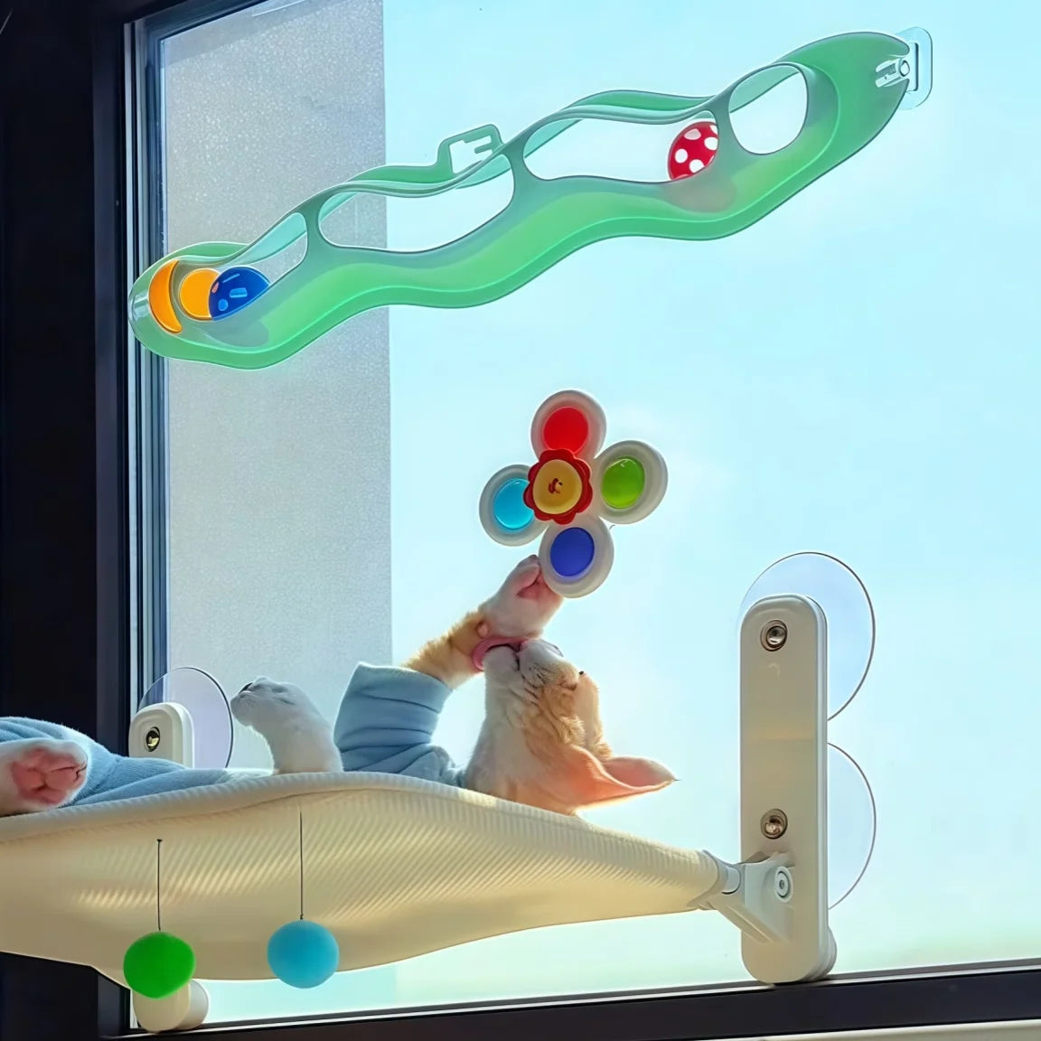 Un set de jouet pour bain de chat en plastique vert avec des balles colorées, suspendu dans une fenêtre près d'un distributeu