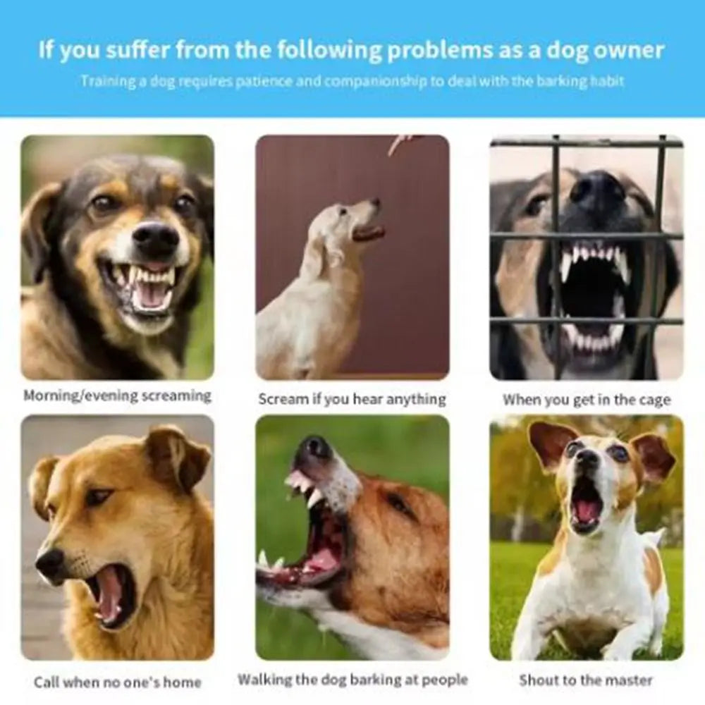 A grid of images showing dog owners suffering from barking problems, including screaming dogs and a dog barking at people.