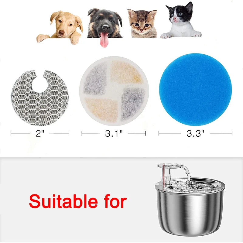 A set of three circular replacement filters for a cat water fountain, showing different sizes and textures.
