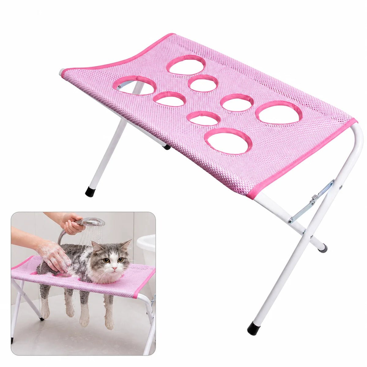 Hamac pliable rose pour soins de pets avec plusieurs ouvertures circulaires pour le bain et la coupe des griffes