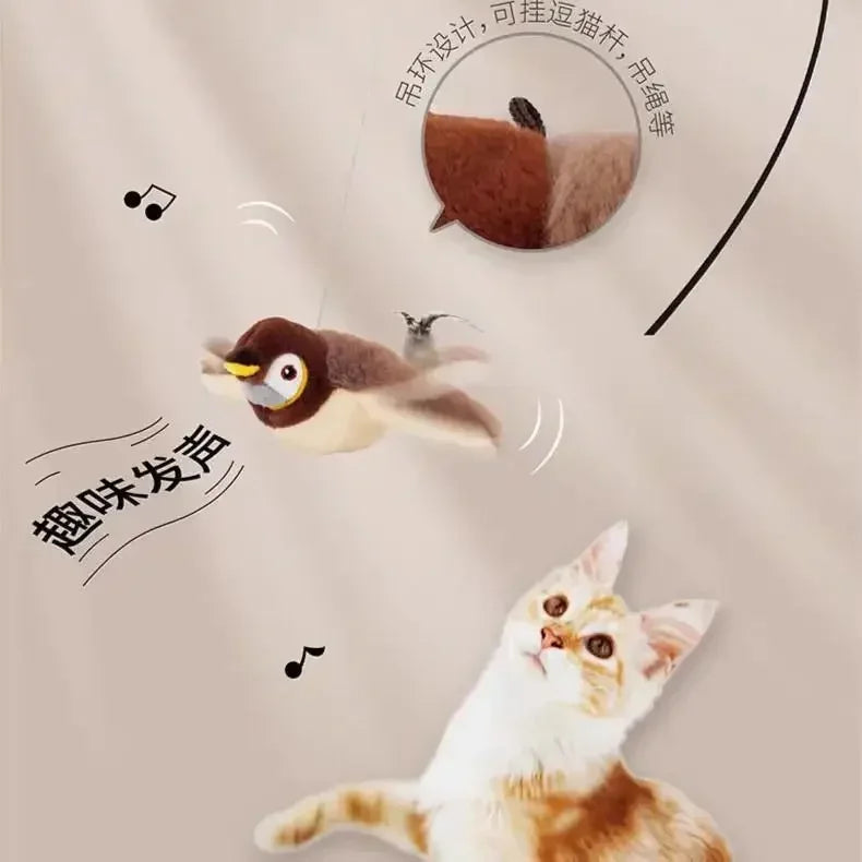 A cat toy featuring a realistic bird with flapping wings and sound capabilities.