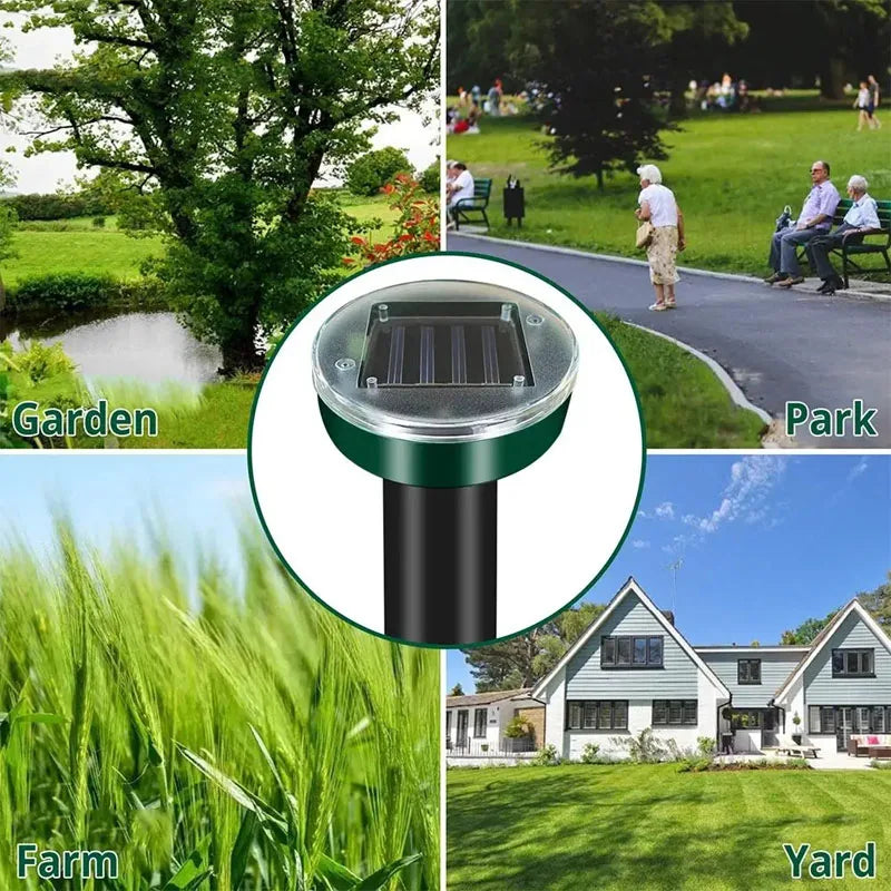 A solar ultrasonic pest repeller device shown in various outdoor settings including a garden, park, farm, and yard.