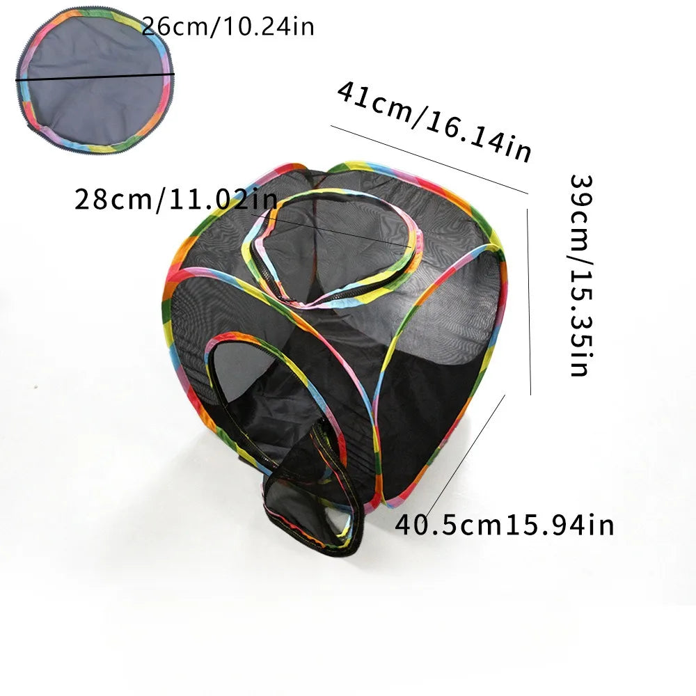 A foldable mesh cat play tunnel featuring a tent and cube, shown with various size dimensions.