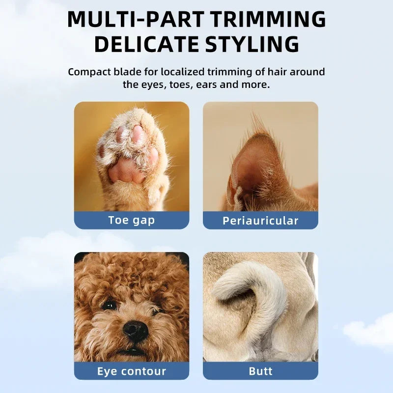 A multi-part trimming tool used for detailed grooming of dog features like toe gaps, periauricular areas, eye contours, and b