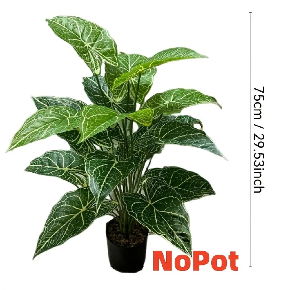 A bouquet of 24 artificial green monstera leaves used for plant decor.