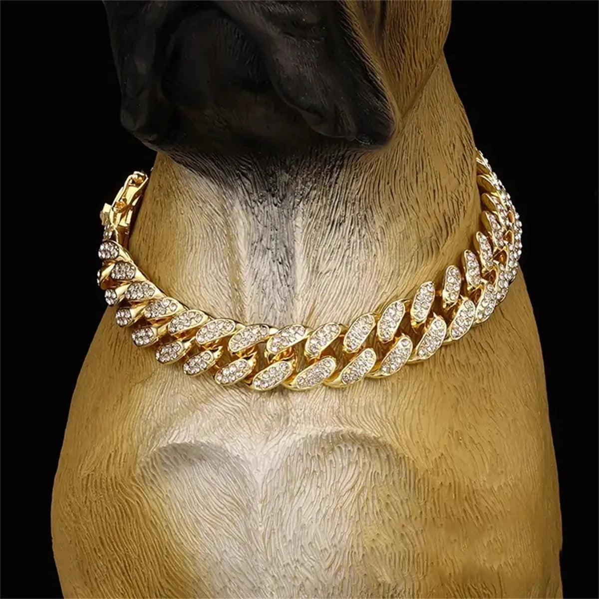 A close-up of a gold diamond Cuban chain pet collar displayed on a dog's neck.